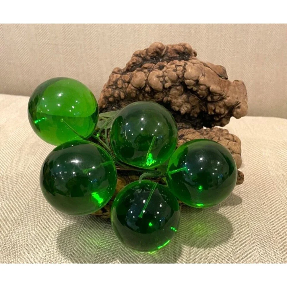 RARE Vintage Large Green Lucite Grape Cluster on Driftwood Burl Wood 8